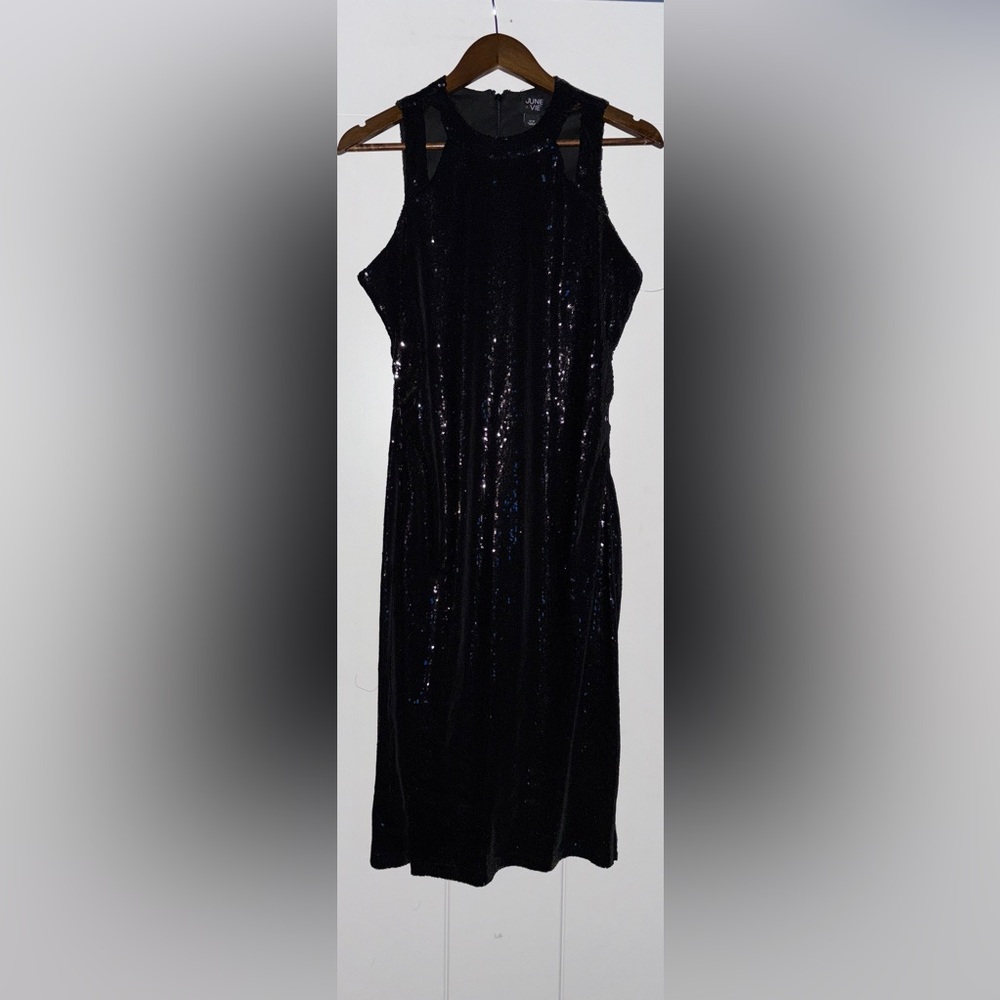 June +Vie Sequins Black Sleeveless Midi Dress Women 10W Holiday Glam Party Event